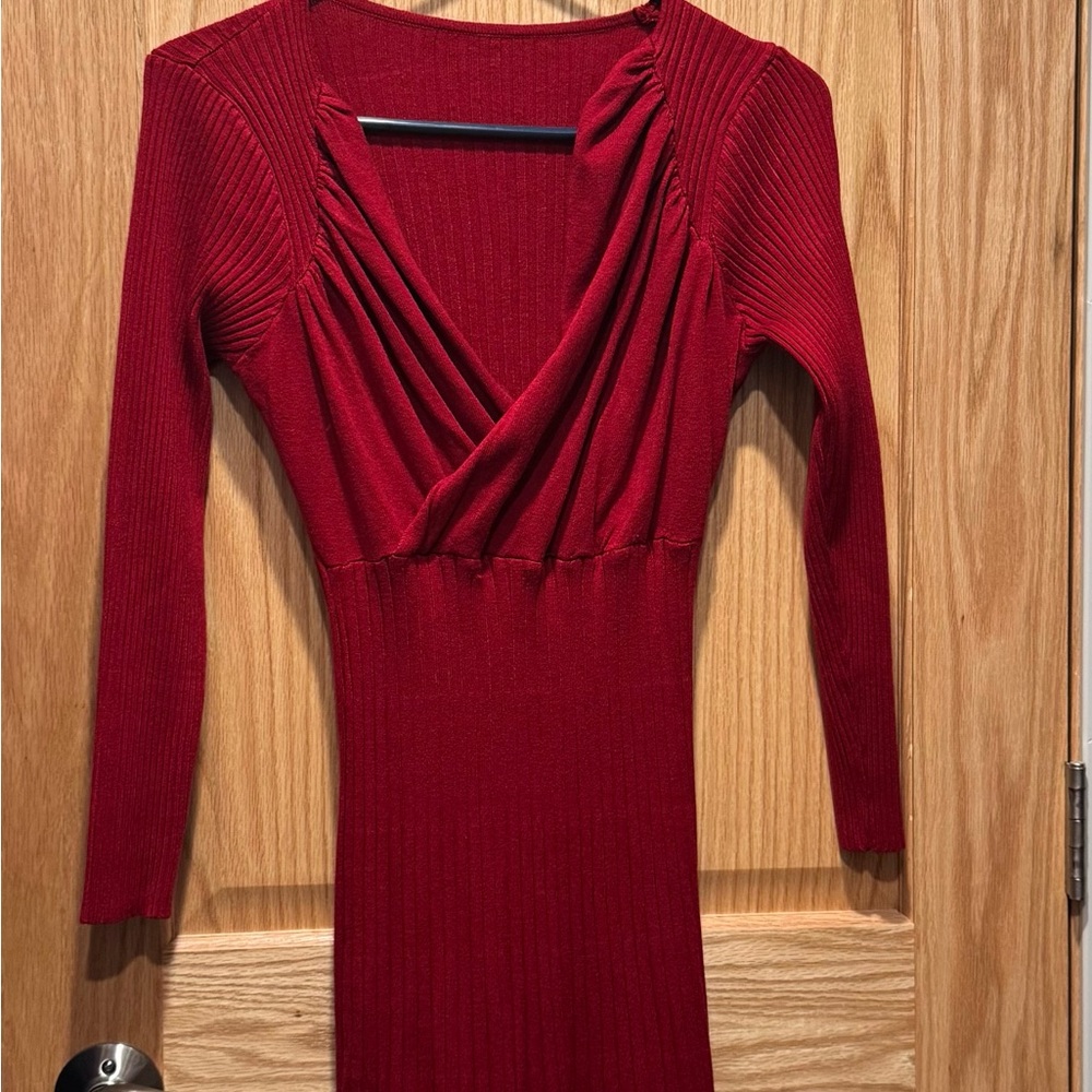 Long Sleeve Ribbed Red Wrap-Style Women’s Dress